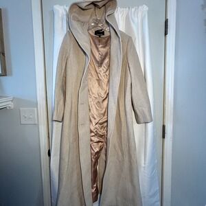 JONES NEW YORK Classic Hooded Wool Blend Herringbone Coat Tan Beige Size 14